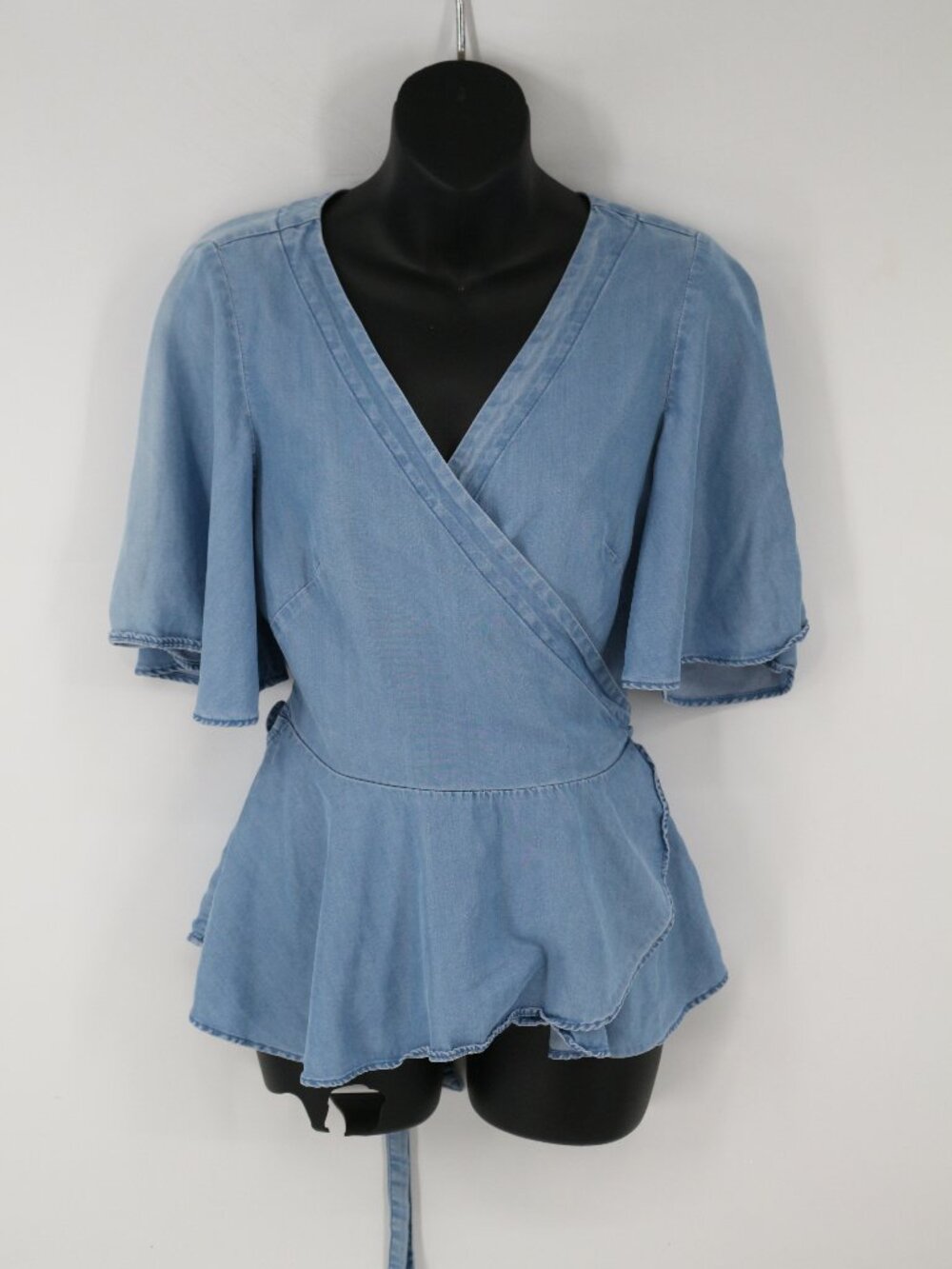 LOFT Womens Chambray Wrap Top Blue Tie Waist Peplum Blouse Lyocell